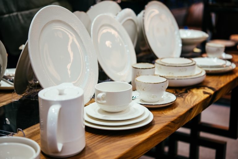 Different plates and dinnerware on sale for a restaurant of hotel business.